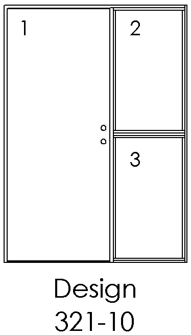 Design 321-10 – 3 felter: 2 øverst + 1 nedenfor, dør med underpanel