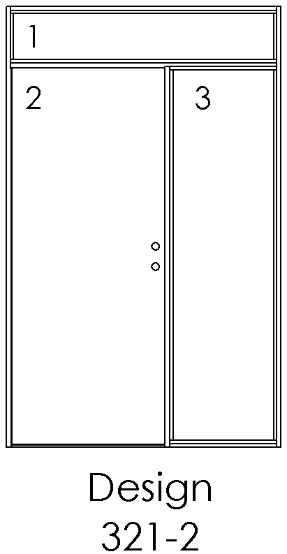 Design 321-2 – 3 felter: 1 øverst + 2 nedenfor side om side, dør i felt 2