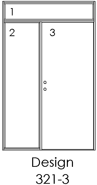 Design 321-3 – 3 felter: 1 øverst + 2 nedenfor side om side, dør i felt 3