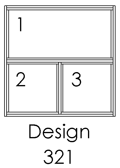 Design 321 – 3 felter: 1 øverst, 2 nedenfor side om side